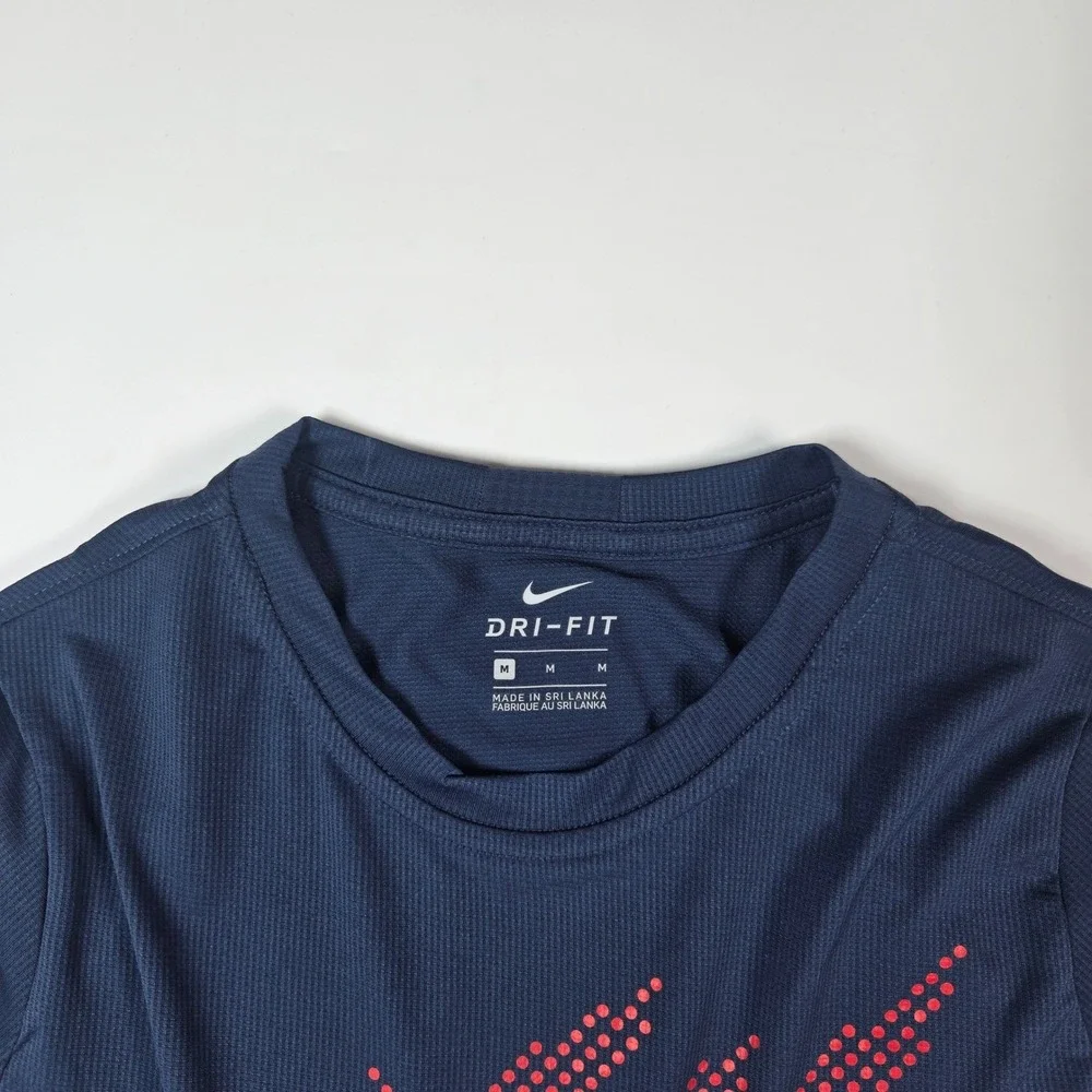Nike Dri-FIT T-Shirt Kids Medium Navy Blue Red Graphic Logo Performance Tee